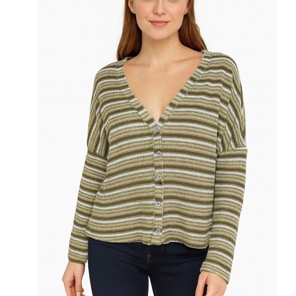 Urban Outfitters cardigan oversized boxy button up waffle knit green/tan SZ XS